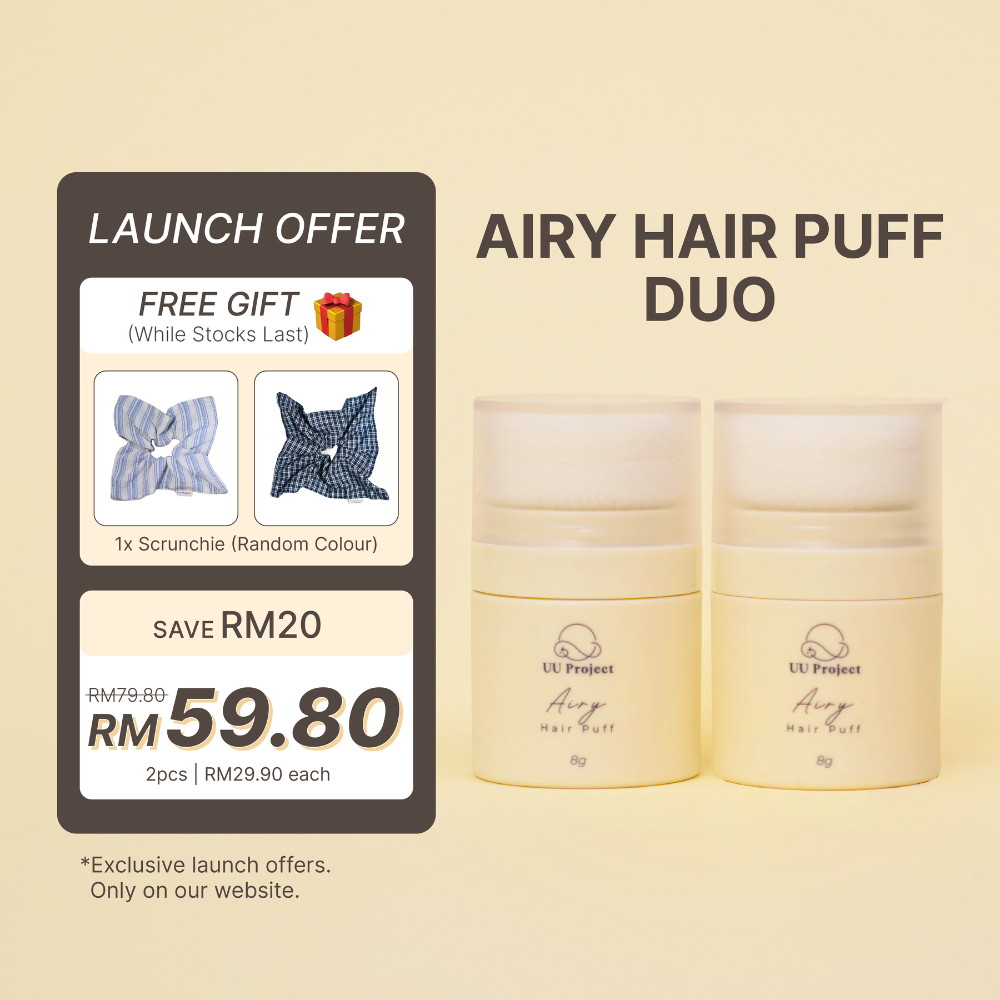 UU Project Airy Hair Puff Duo with two lightweight talc-free hair puffs for refreshing oily-looking roots and flat bangs.